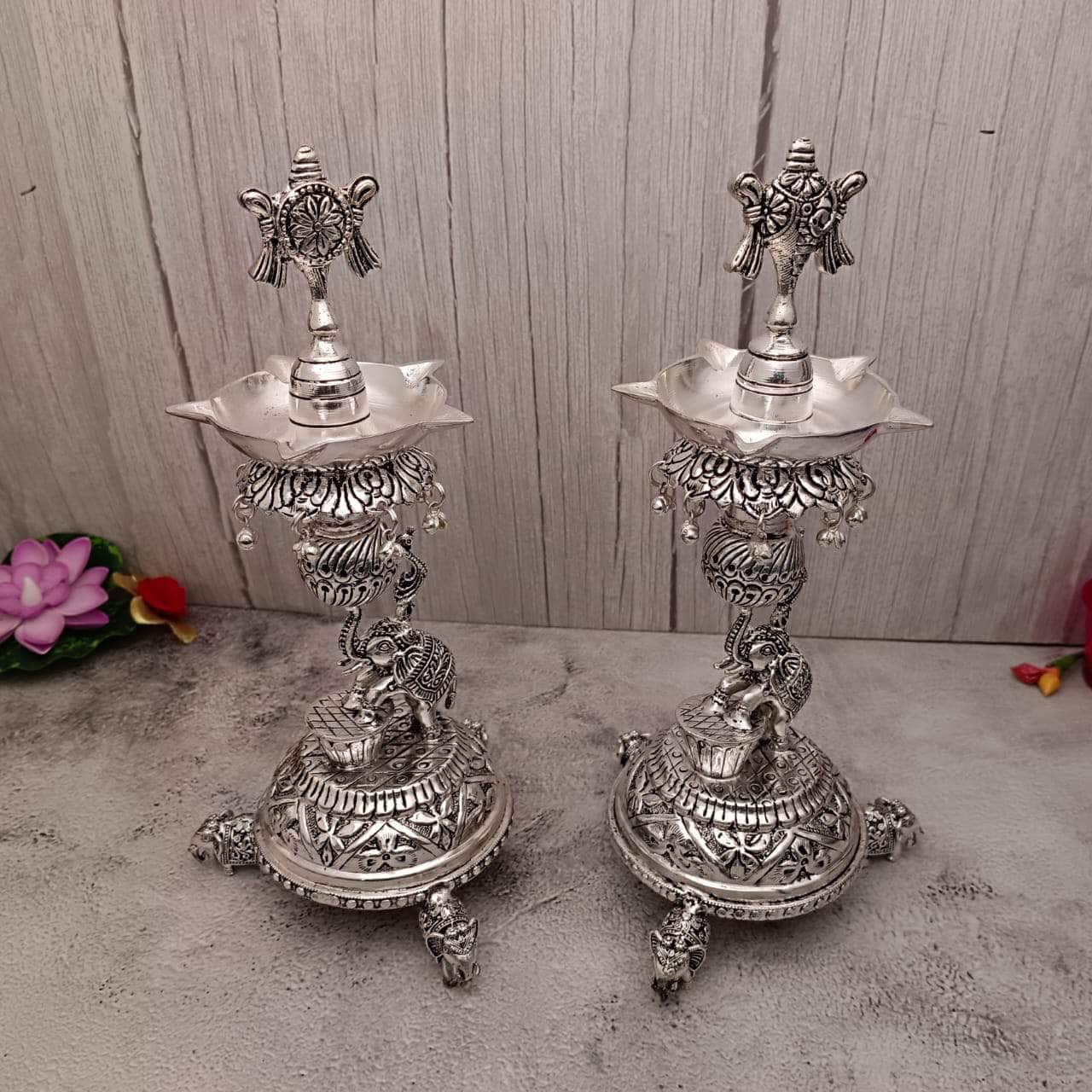 Antique Shanku Chakra Diya Elephant Drum Pair