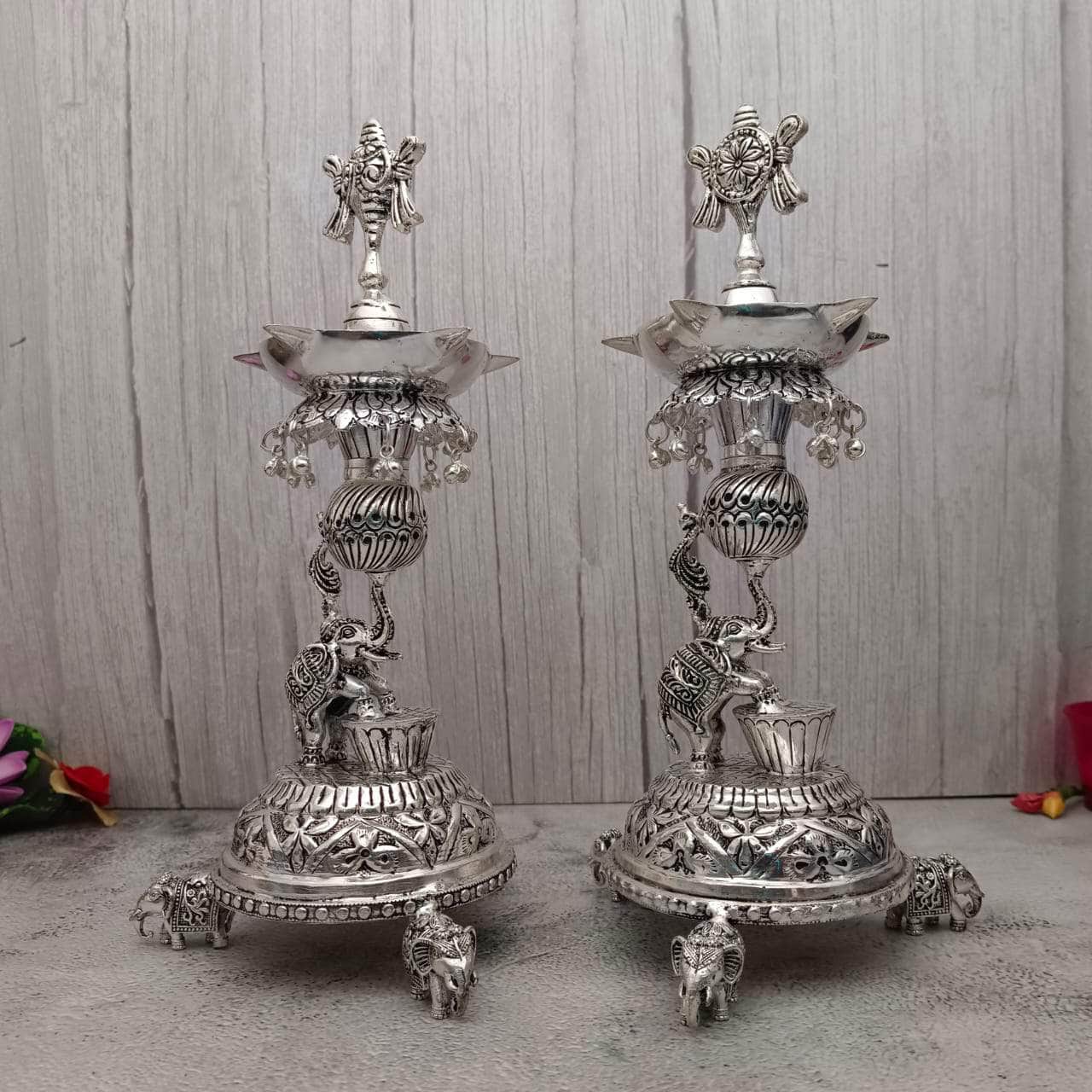 Antique Shanku Chakra Diya Elephant Drum Pair