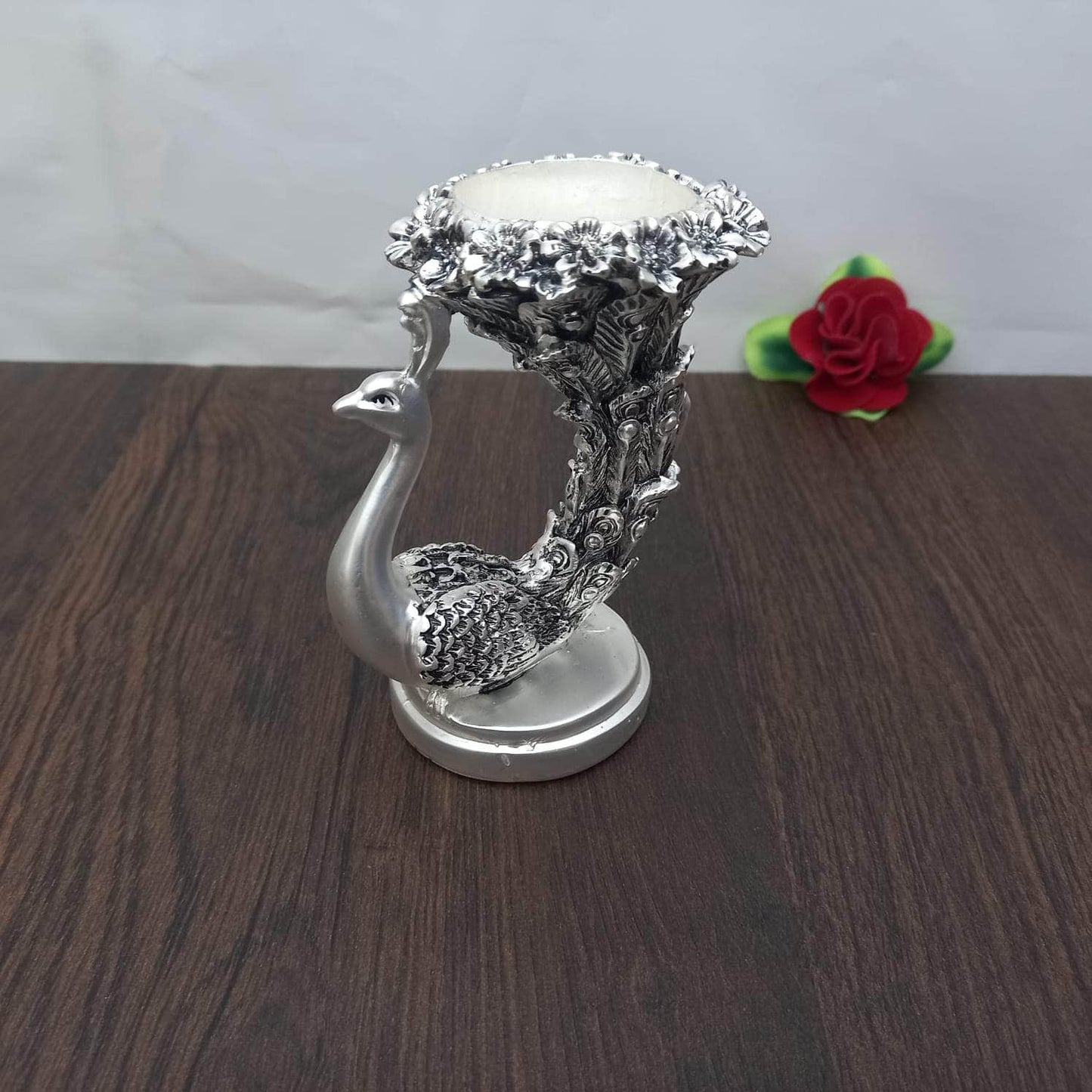 Peacock Candle Silver TT Idol 4"